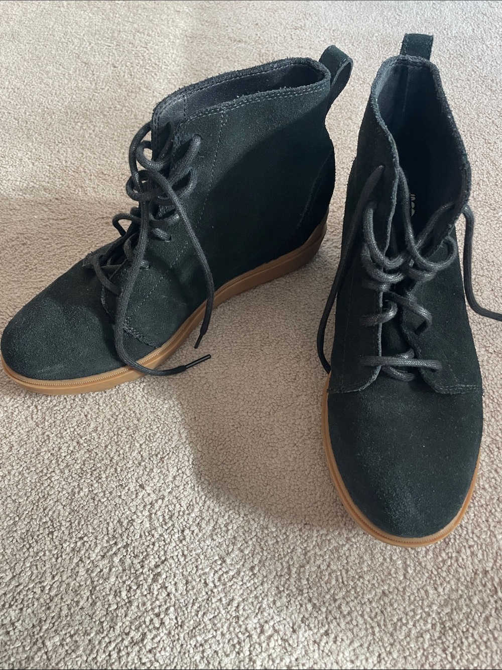 Women’s Black Sorel Suede Lace-Up Wedge Booties